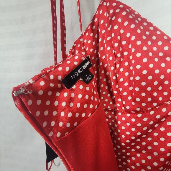 Fashion Nova Red White Polka Dot Mini Dress Adjustable Tie Straps - Picture 8 of 10